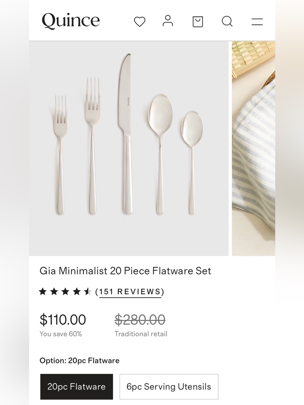 New! Quince x Sambonet Gia Minimalist 20 Piece Flatware Set - Picture 8 of 9